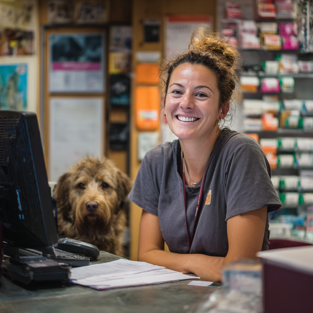 Veterinary clinic owner with dog at reception desk